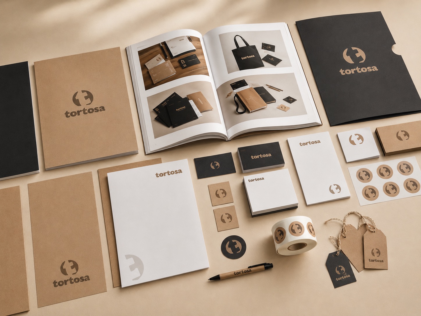 Ejemplos de tarjetas, flyers, catálogos, carpetas y material impreso con el logo de Tortosa