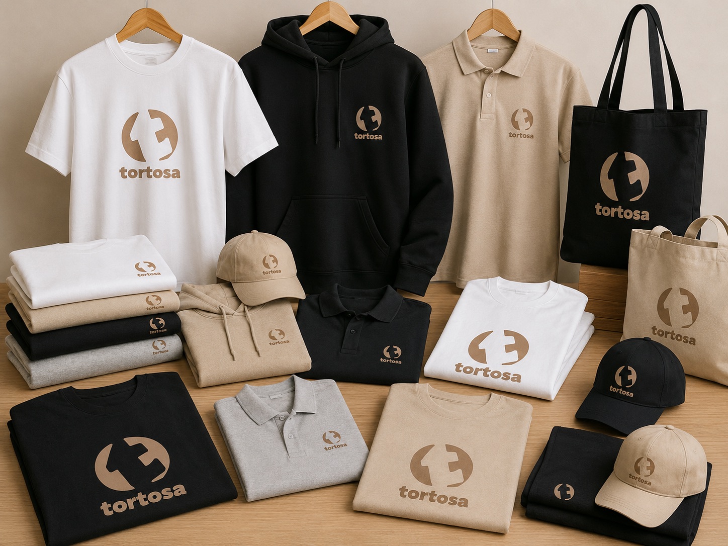 Ejemplos de camisetas, sudaderas, polos y gorras con el logo de Tortosa